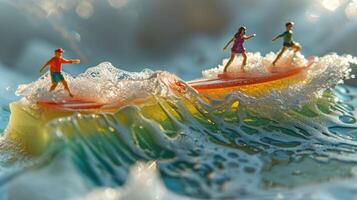 Miniature surfers riding vibrant waves in a dynamic ocean scene, showcasing playful summer fun photo