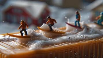 Miniature surfers riding waves on a soap bar, with a blurred winter cabin scene in the background photo