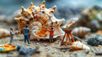 Miniature artists painting a large seashell on a sandy beach, with various shells scattered around photo