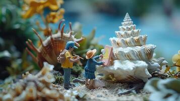 Miniature artists painting a seashell scene on a beach with vibrant flora and ocean backdrop photo