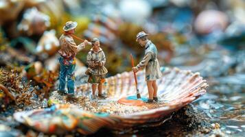 Miniature figures painting on a large seashell amidst colorful marine life and shells photo
