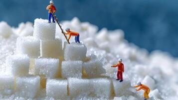 Miniature workers construct a sugar pyramid on a mound of granulated sugar, capturing a whimsical scene photo
