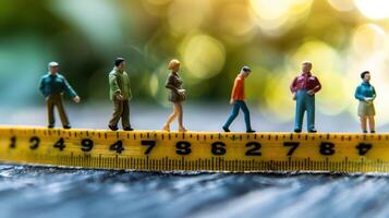 Miniature figures walking along a measuring tape in a natural setting with blurred greenery photo
