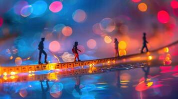 Miniature figures walking on a colorful illuminated path with blurred lights in the background photo