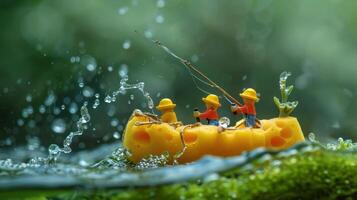 Miniature fishermen in a cheese boat casting lines in a vibrant, watery environment with splashes photo