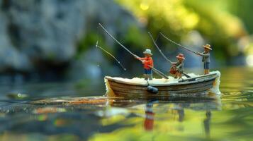 Miniature fishermen casting lines from a small boat on a serene waterway surrounded by greenery photo