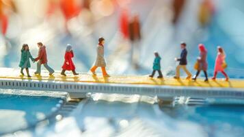 Miniature figures walking on a bridge over a blurred background of a vibrant cityscape photo