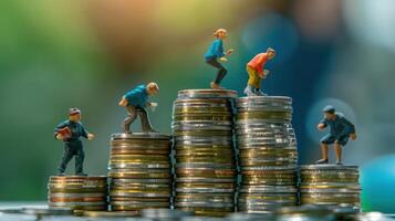 Miniature figures climbing stacks of coins, symbolizing financial growth and ambition photo