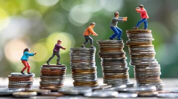 Miniature figures climbing stacks of coins representing financial growth against a blurred background photo