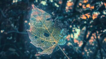 Delicate, translucent leaf illuminated by soft light amidst a blurred forest background photo