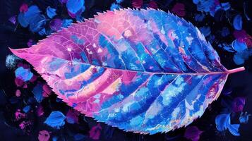 Vibrant close-up of a colorful leaf against a dark background with abstract paint splashes photo