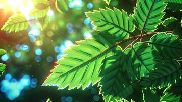 Lush green leaves illuminated by sunlight, creating a serene forest atmosphere with bokeh background photo