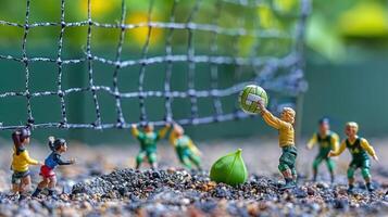 Miniature soccer game in a vibrant garden setting, showcasing players and spectators in action photo