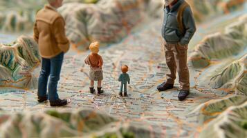 Miniature figures exploring a detailed map of a mountainous region, contemplating their journey ahead photo