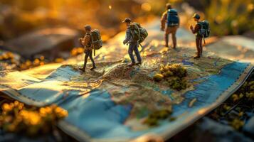Miniature hikers study a detailed map under warm sunlight, surrounded by lush greenery and rocks photo