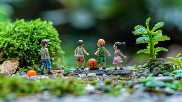 Miniature children playing basketball in a lush green garden with vibrant plants and stones photo