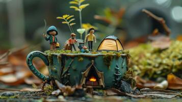 Miniature camping scene inside a moss-covered cup, surrounded by autumn leaves and trees photo