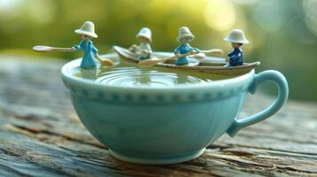 Miniature figures rowing in a large teacup on a wooden surface with a blurred natural background photo
