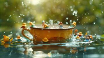 Miniature figures playfully splash in a large teacup amidst a serene, nature-inspired backdrop photo