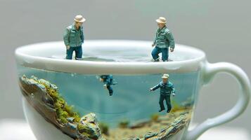 Miniature figures of fishermen in a cup of water, creating a surreal underwater scene photo