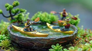 Miniature kayakers navigating a tranquil pond surrounded by lush greenery and miniature plants photo