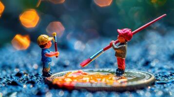 Miniature figures painting a vibrant scene on a coin with a blurred, colorful background photo