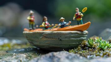 Miniature figures kayaking on a rocky surface surrounded by greenery and water droplets photo