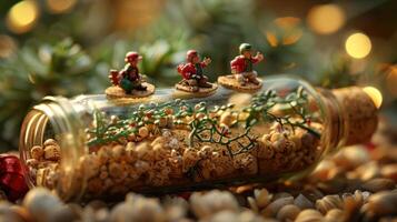 Miniature figurines of holiday characters on cork boats inside a glass bottle with festive decor photo