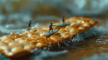 Miniature surfers riding a cracker wave in a playful, whimsical ocean setting photo