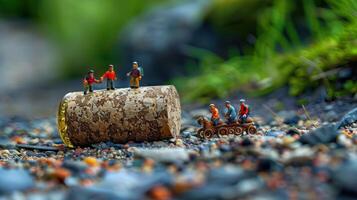 Miniature figures interacting on a cork amidst a colorful, textured gravel landscape photo