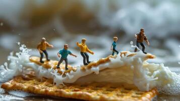 Miniature figures surfing on a waffle amidst splashing milk waves in a whimsical setting photo
