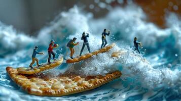 Miniature figures surfing on a giant cracker amidst crashing waves in a playful, surreal scene photo