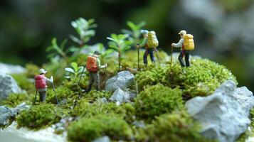 Miniature hikers exploring a lush mossy landscape with small plants and rocks in a serene setting photo