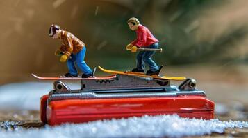Miniature skiers navigating a snowy slope on a toy sled, with a blurred winter background photo