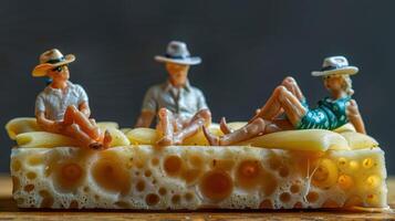 Miniature figures relaxing on a cheese block under soft lighting, creating a whimsical scene photo