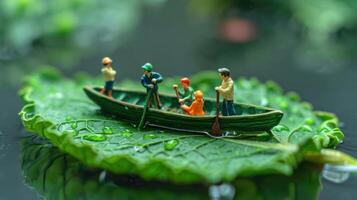 Miniature figures rowing a boat on a large leaf in a serene water setting with reflections photo