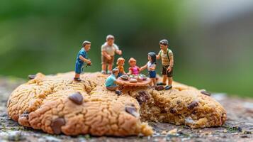 Miniature figures enjoying a picnic on a giant chocolate chip cookie in a green outdoor setting photo