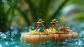 Two miniature figures relaxing on a floating sponge in a vibrant green aquatic setting photo