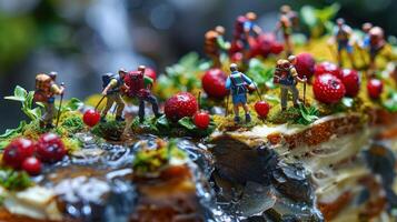 Miniature hikers exploring a vibrant cake landscape adorned with berries and greenery photo