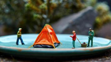 Miniature camping scene with colorful tent and figures on a plate surrounded by nature photo