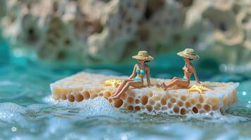 Two miniature figures relaxing on a sponge in a vibrant ocean setting, enjoying the sun photo