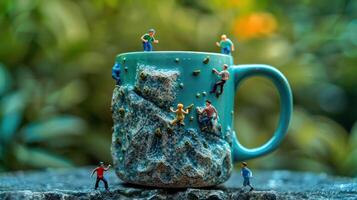 Miniature climbers scaling a textured mug in a lush garden setting, showcasing creativity and fun photo