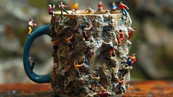 A uniquely designed climbing mug with miniature climbers scaling its textured surface, set against a blurred natural background photo