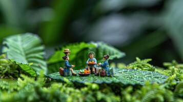 Miniature figures enjoying a picnic on lush green leaves amidst a vibrant natural background photo