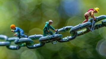 Miniature figures working on a giant chain amidst a blurred natural background, symbolizing teamwork photo