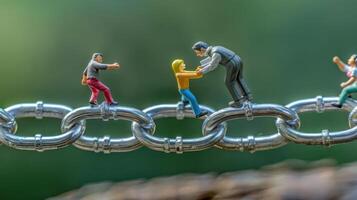 Miniature figures navigating a shiny chain, symbolizing teamwork and connection in nature photo