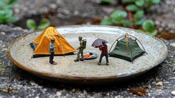Miniature camping scene with tents and figures on a textured plate surrounded by greenery photo