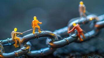 Miniature figures pulling on a metallic chain, symbolizing teamwork and collaboration in action photo