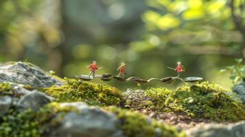 Miniature figures balancing on leaves in a lush forest, showcasing teamwork and nature's beauty photo