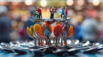 Miniature figures dancing on colorful spoons in a vibrant market setting, showcasing creativity photo